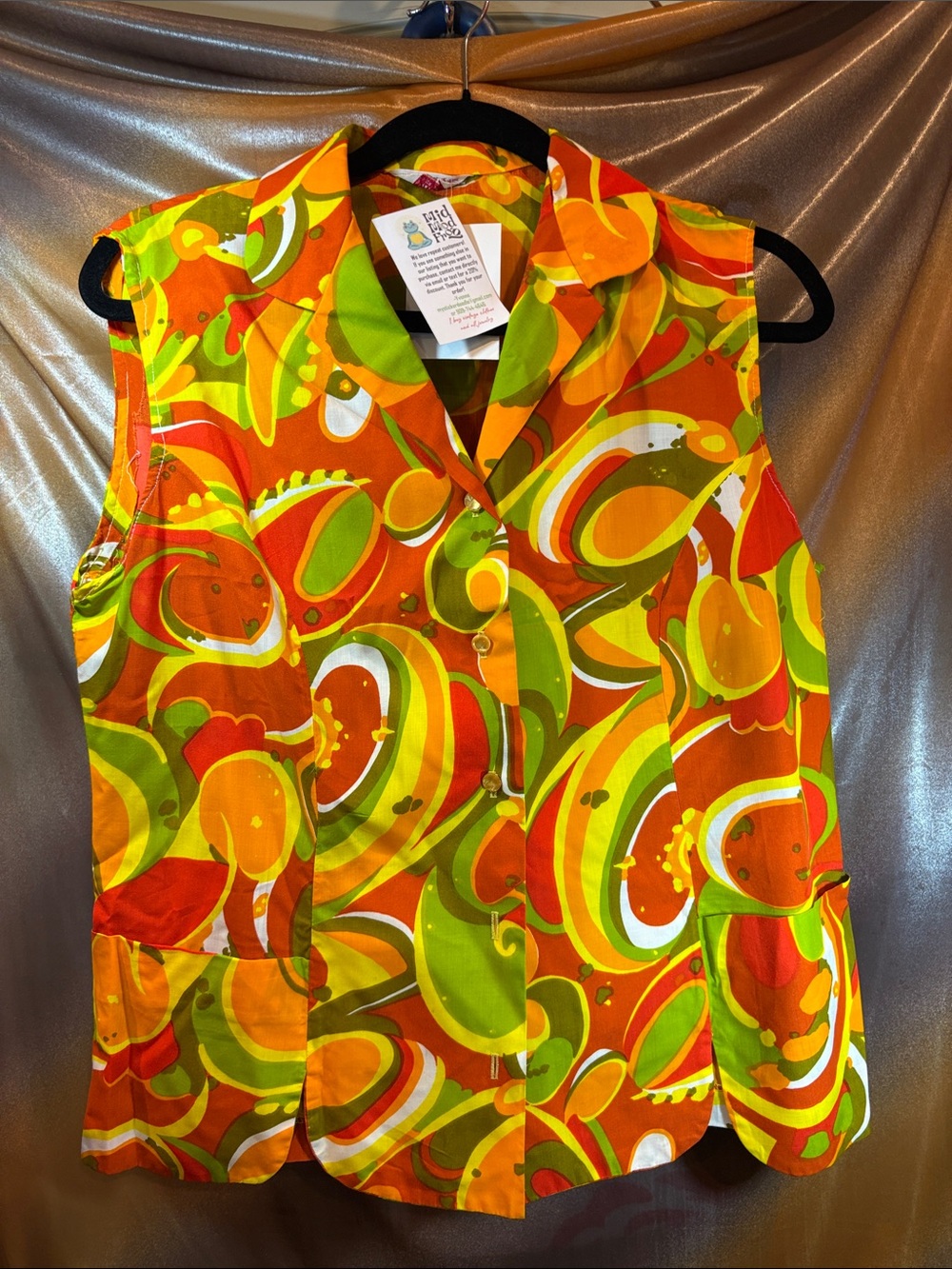 Vintage Graffiti 70’s groovy Green & Orange Sleeveless Button Front Top CC